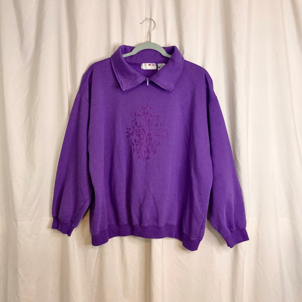 VTG 90s French Navy Sport Purple Embroidered Collared Sweatshirt L Grandmacore